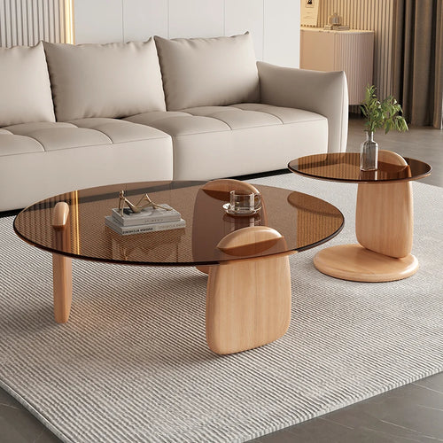 Retro Glass Top Coffee Table Vintage Style Irregular Wood Base Coffee Tables Minimalist Living Room Center Table