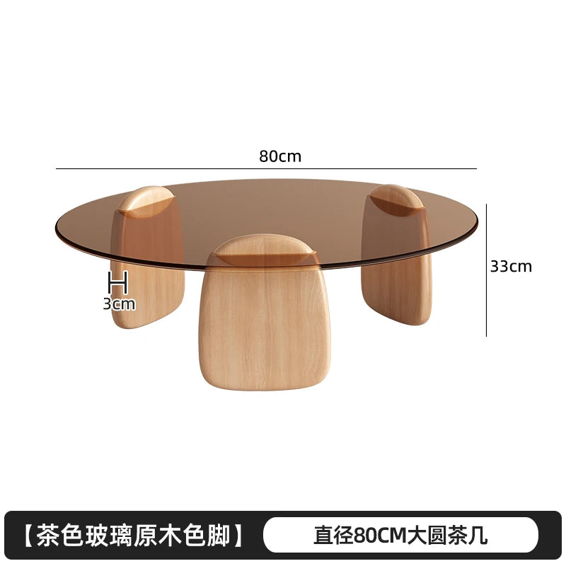 Retro Glass Top Coffee Table Vintage Style Irregular Wood Base Coffee Tables Minimalist Living Room Center Table