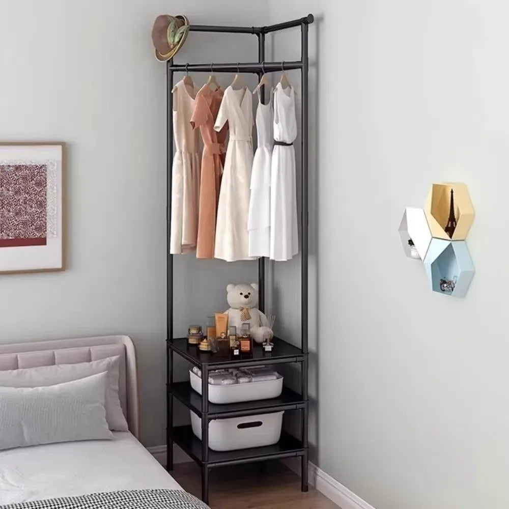 Sturdy Multi-Layer Corner Clothes Rack Anti-toppling Hanging Rod Floor Standing Shelf Metal Clothes Organization Rack Household