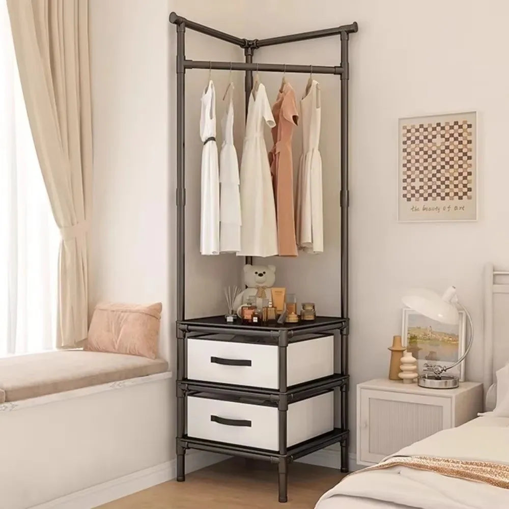 Sturdy Multi-Layer Corner Clothes Rack Anti-toppling Hanging Rod Floor Standing Shelf Metal Clothes Organization Rack Household