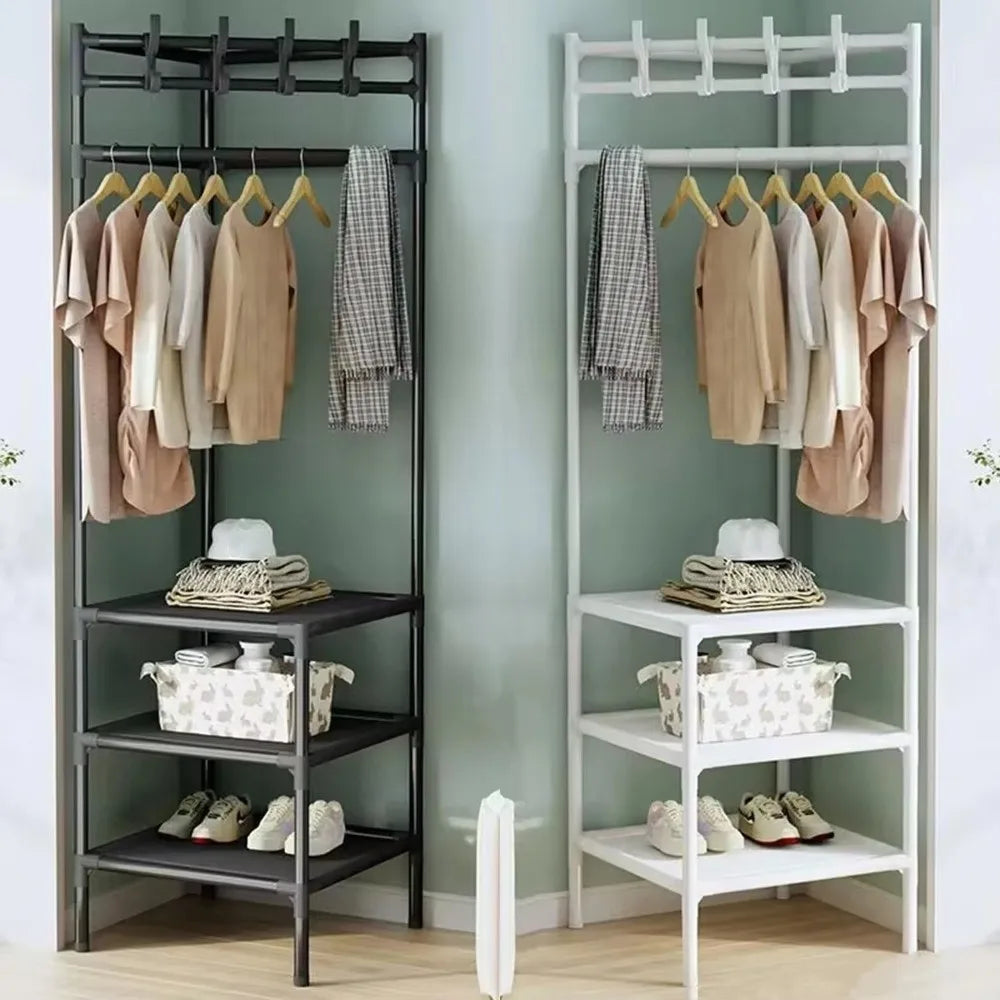 Sturdy Multi-Layer Corner Clothes Rack Anti-toppling Hanging Rod Floor Standing Shelf Metal Clothes Organization Rack Household
