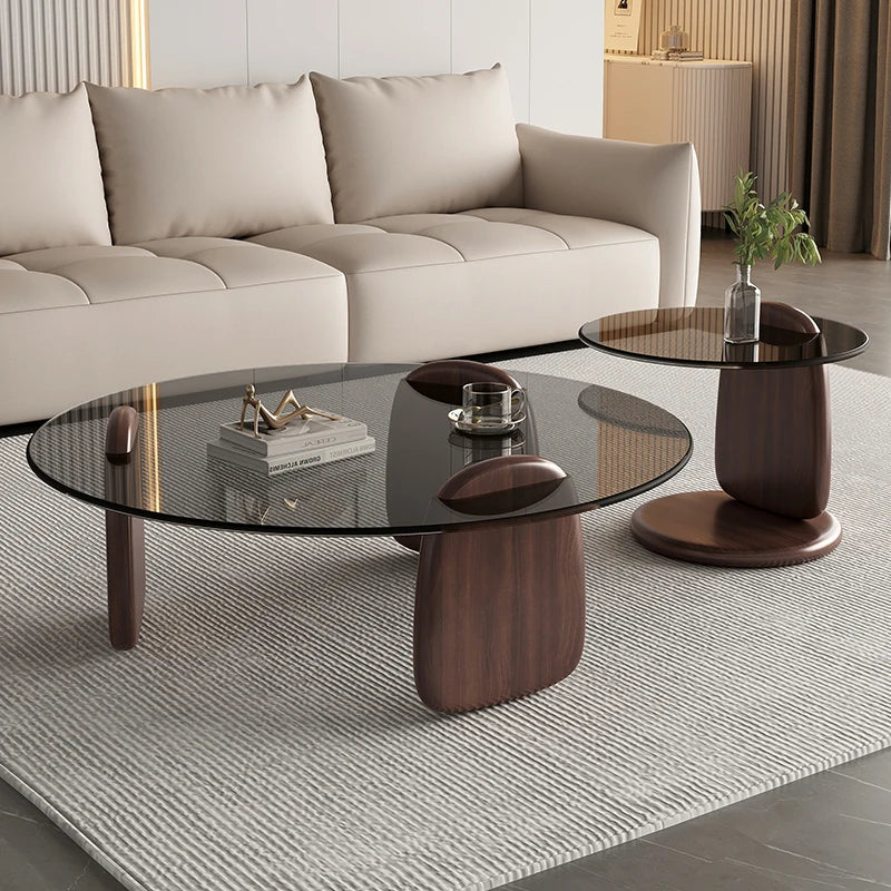 Retro Glass Top Coffee Table Vintage Style Irregular Wood Base Coffee Tables Minimalist Living Room Center Table
