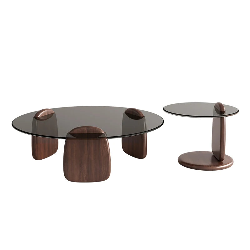 Retro Glass Top Coffee Table Vintage Style Irregular Wood Base Coffee Tables Minimalist Living Room Center Table